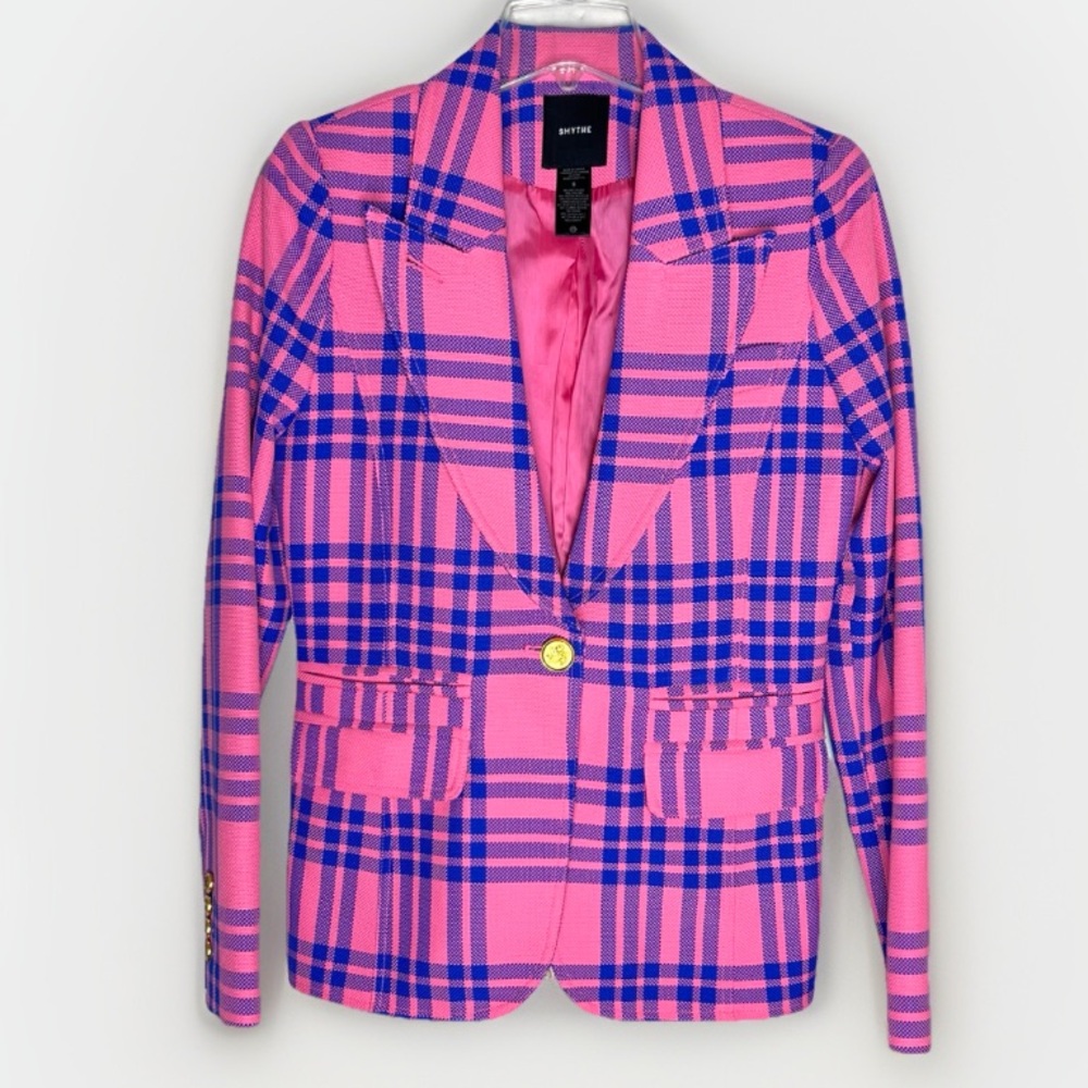 New Smythe Hutton Tailored Cotton Plaid Cutaway Blazer Carnation Pink Plaid Sz6 - Picture 2 of 9